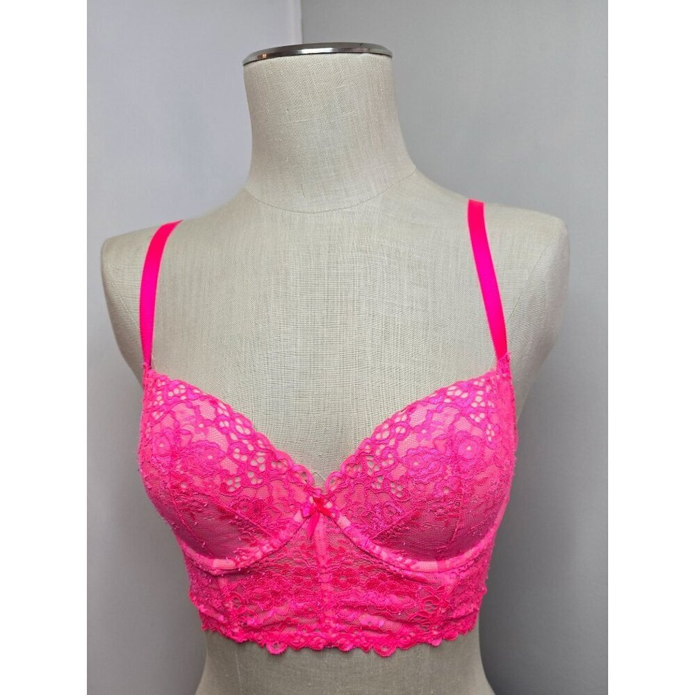 Victorias Secret Neon Pink Lace Longline Demi Push Up Bra 34DD
